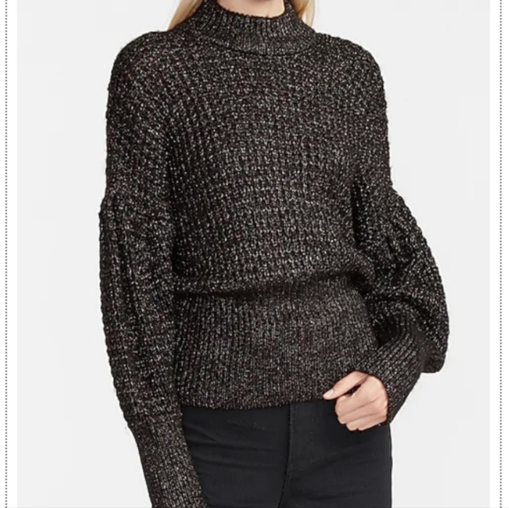 Express Balloon Sleeve Mock Turtleneck‎ Sweater Black w Gold Metallic